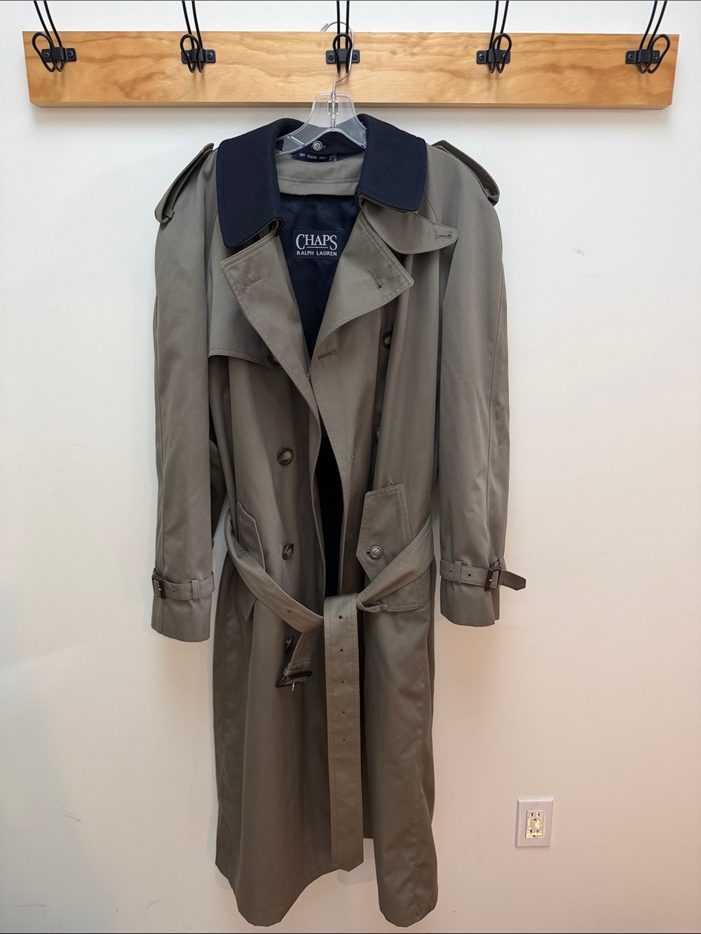 Chaps Olive Green Double-Breasted Trench Coat with Black Collar